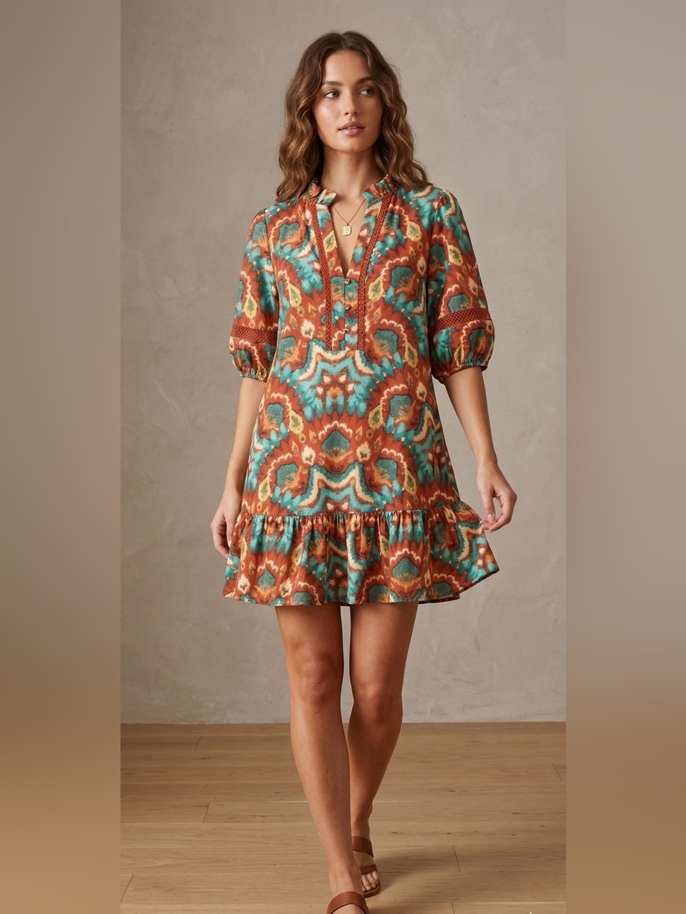 Joy Joy Rust, Teal & Gold Boho Print Mini Dress with Ruffle Hem and Lace Trim - Picture 2 of 14